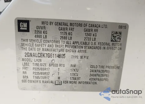 2016 Chevrolet Equinox Lt из США, поврежденный, VIN 2GNALCEK7G6114805